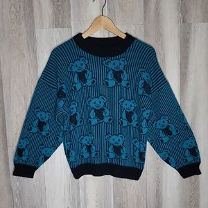 Adele Womens Vintage Teddy Bear‎ Sweater 80s Retro Striped Knit Shoulder Pads